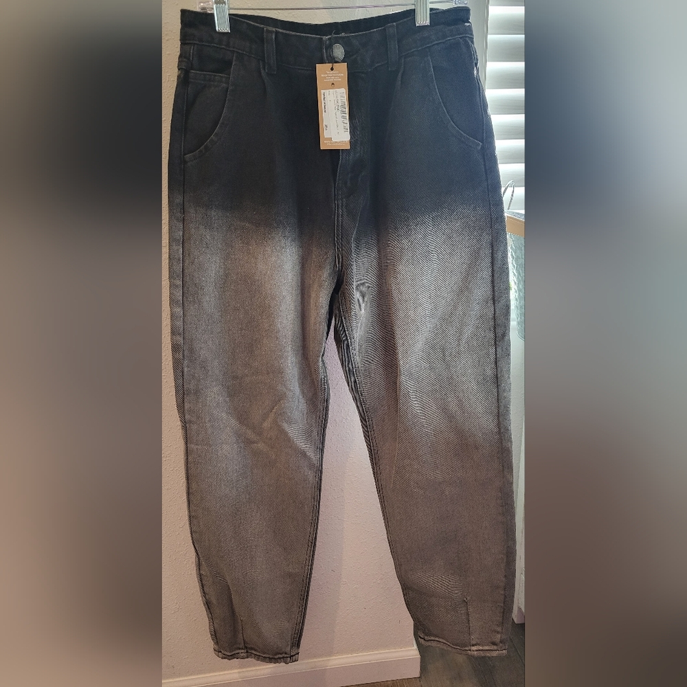 Nasty Gal Black and Gray Straight Leg Jeans 10 Tall